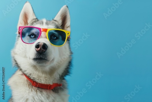 Super cool husky dog wearing colorful sunglasses on blue background
