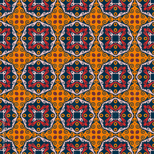 Decorative Asian folk seamless pattern. Repeating background in nomad style. Colored fabric swatch with surface design, minimal print on wallpaper, fabrics, gift wrap, templates. Vector.
