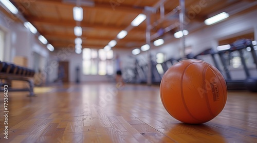 Basketball court with ball hoops rims hardwood floor and lights for competition game photo