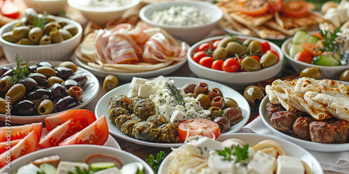 Greek food background. Meze, gyros, souvlaki, fish, pita, greek salad, tzatziki, assortment of feta, olives and meatballs. Traditional different greek dishes sets