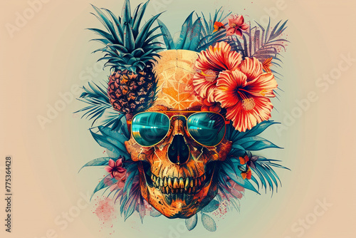 The summer a design of the skull, which like a drinking glass wearing glasses with flowers and pineapples, and visually appealing.