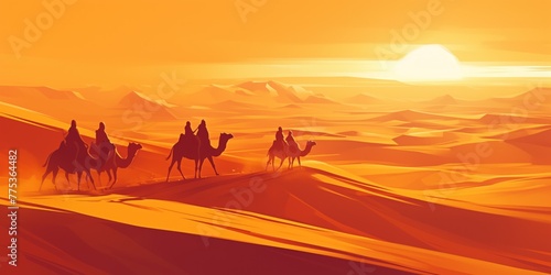 Caravan of camels traversing the golden desert at sunset