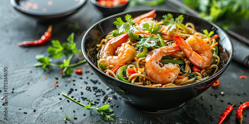 Fry noodles with vegetables and shrimp in a black bowl