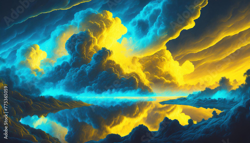 Beautiful fluffy clouds in neon blue and yellow colors. Abstract art. Fantasy background.