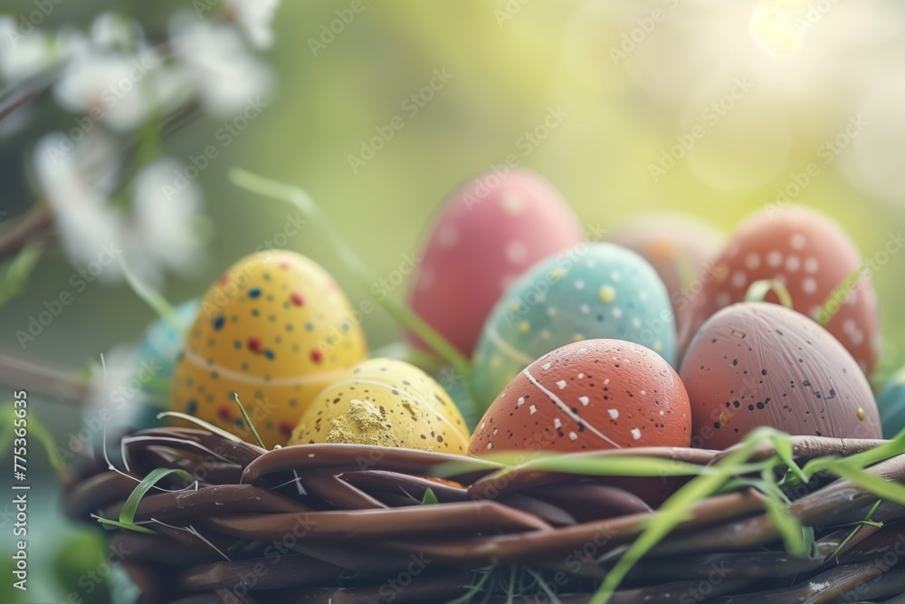 Soft Focus on Pastel Easter Eggs in Spring Nest