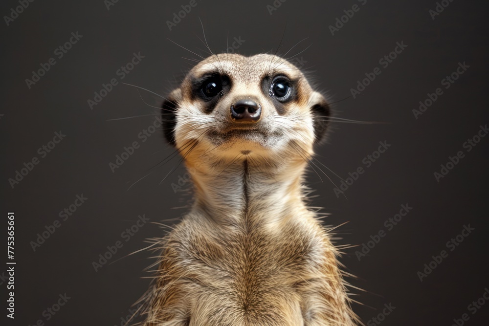 Vigilant meerkat standing up in studio and looking for predators, vigilance and prevention concept Vigilant meerkat standing up in studio and looking for predators, vigilance and prevention concept