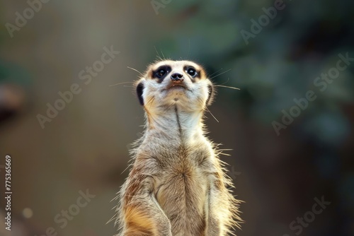 Vigilant meerkat standing up in studio and looking for predators, vigilance and prevention concept photo