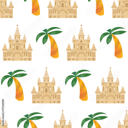 Beach stuff for seamless pattern summer travel. Vacation accessories for sea holidays. Sand castle, flamingo, bikini. Flat vector in modern style illustrations isolated on background © Александра Симкина