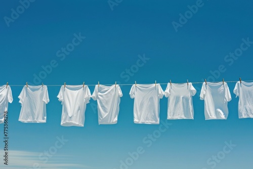 White t-shirts hanging on the line with pegs on clear blue sky background. Many simple white shirts