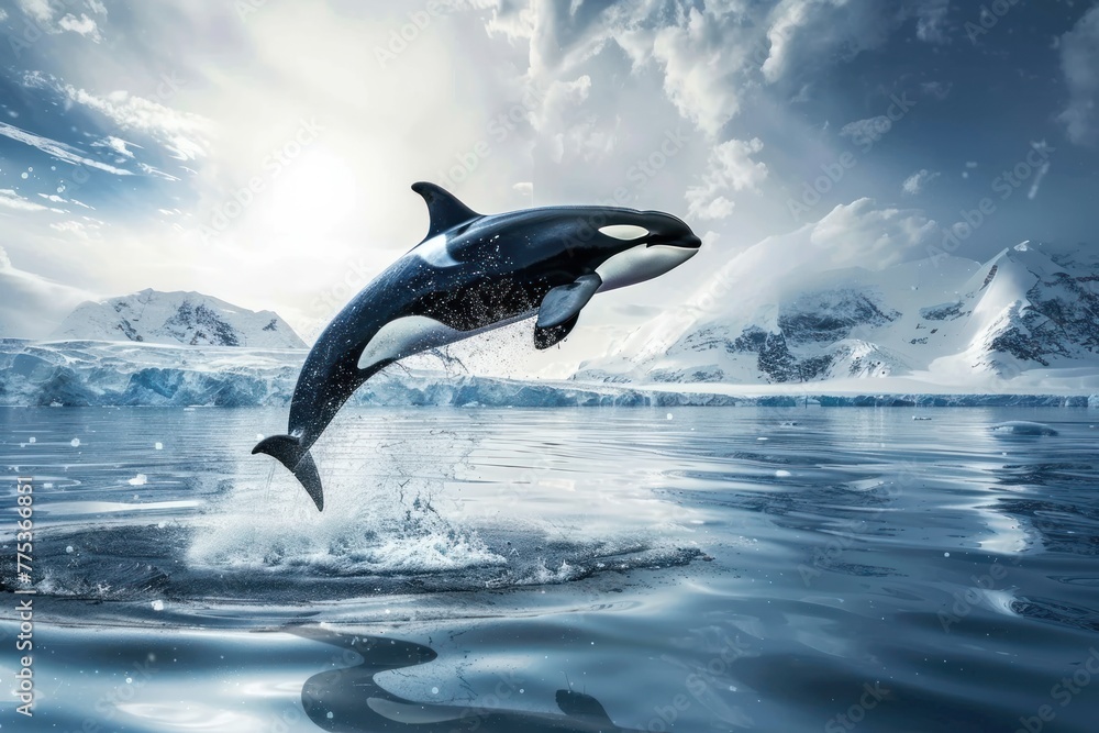 Fototapeta premium World Oceans Day Save Environment Concept, orca wales jumping out of sea surface