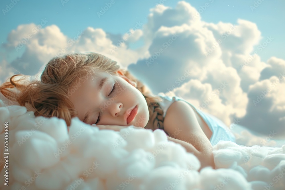 Young beautiful kid sleeping on a cloud up in the sky Young beautiful kid sleeping on a cloud up in the sky