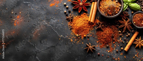   An array of spices and herbs set against a black backdrop, featuring space for text or branding above