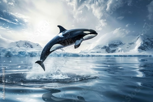 World Oceans Day Save Environment Concept  orca wales jumping out of sea surface