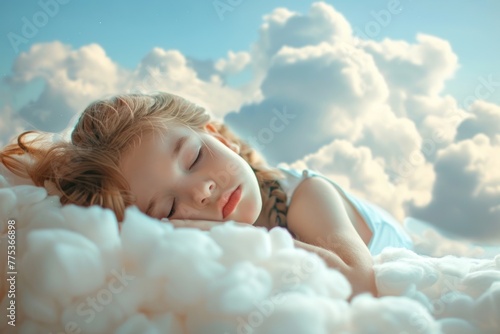 Young beautiful kid sleeping on a cloud up in the sky