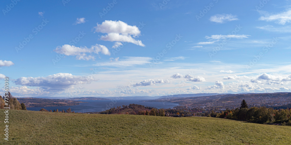 View towards Lake Mjosa seen from Eiktunet above the town of Gjovik in summer.