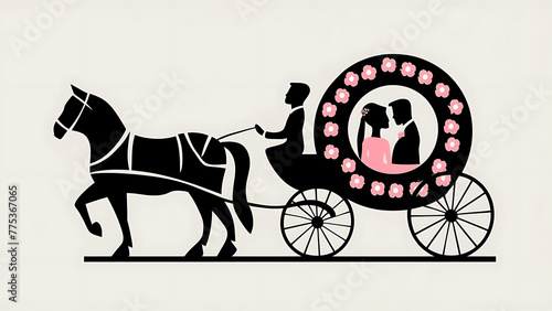 Springtime wedding horse and carriage, pink flowers, bride and groom, white background