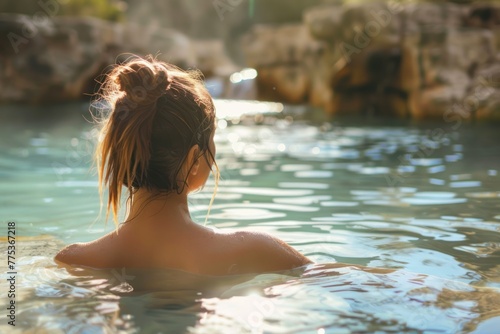 young woman enjoys a natural thermal waters bath