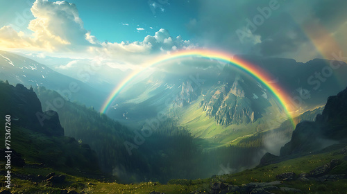 fleeting beauty of a rainbow arching over a mountain valley