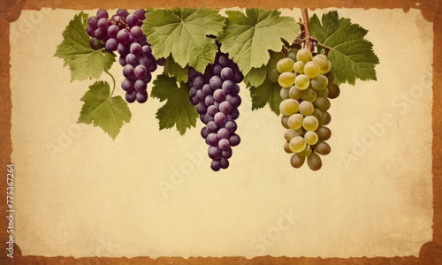 Vintage advertising poster with grape. Retro advertising poster with farm product. Textured paper background with space for text. 