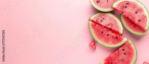   A cluster of watermelon slices on a rose-tinted backdrop with a cleaved watermelon in the center