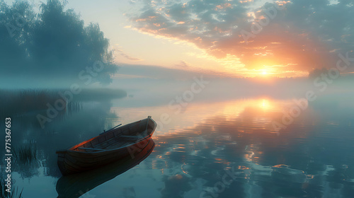 Foggy sunrise, misty lake, lone rowboat with mysterious reflection © Be Naturally