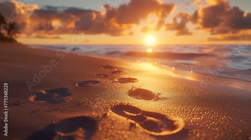Footprints in the sand leading towards the horizon