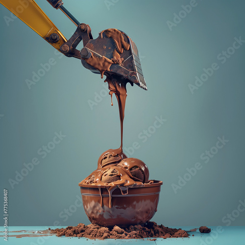 Ice cream served with a excavator.Minimal creative tecnological and food  concept. photo
