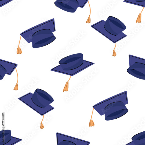 A seamless pattern with blue graduation caps.