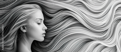 abstract black and white portrait of a woman with long hair flowing everywhere 