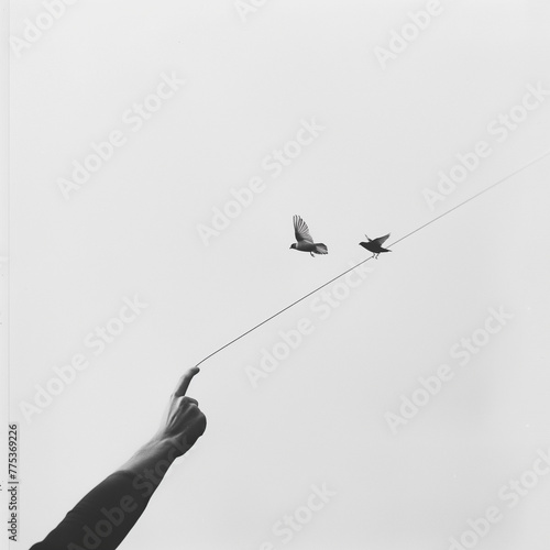 silhouette of a person holding a birds hanging on ropes.Minimal creative nature concept.