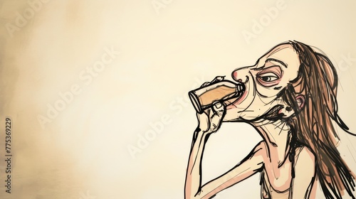 A drawing of a woman drinking alcohol, with exaggerated, distorted facial and body features, intended to show an ironic and comic view of alcohol addiction against a simple, minimalist background. -