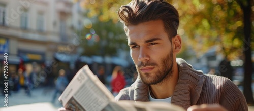 Man reading newspaper in urban square photo