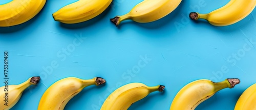   A row of ripe bananas sits on a blue background with additional bananas scattered in the foreground