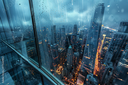 A city view with raindrops on the window