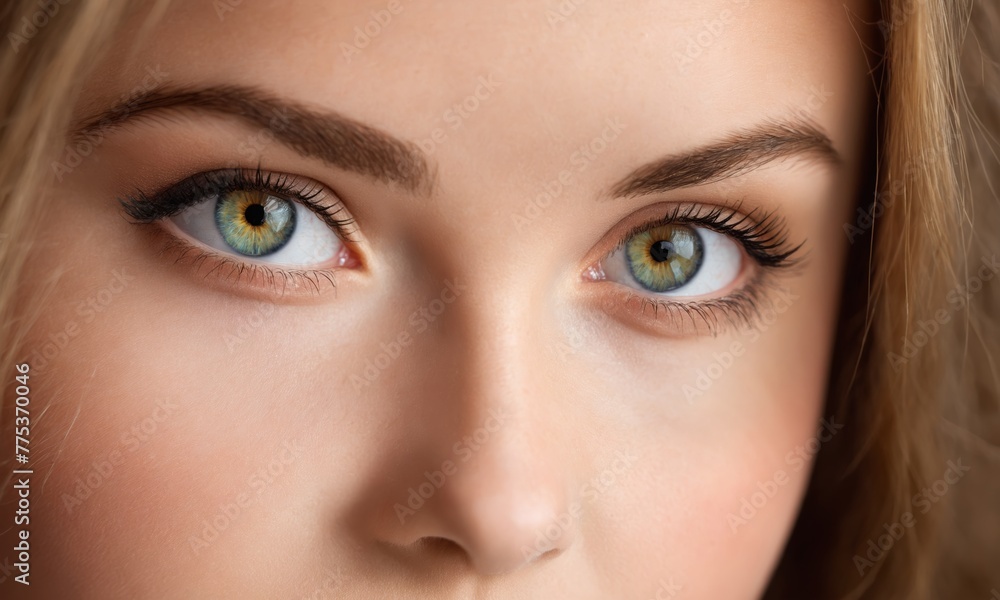 Close up of a womans face with green eyes and flawless makeup Close up of a womans face with green eyes and flawless makeup