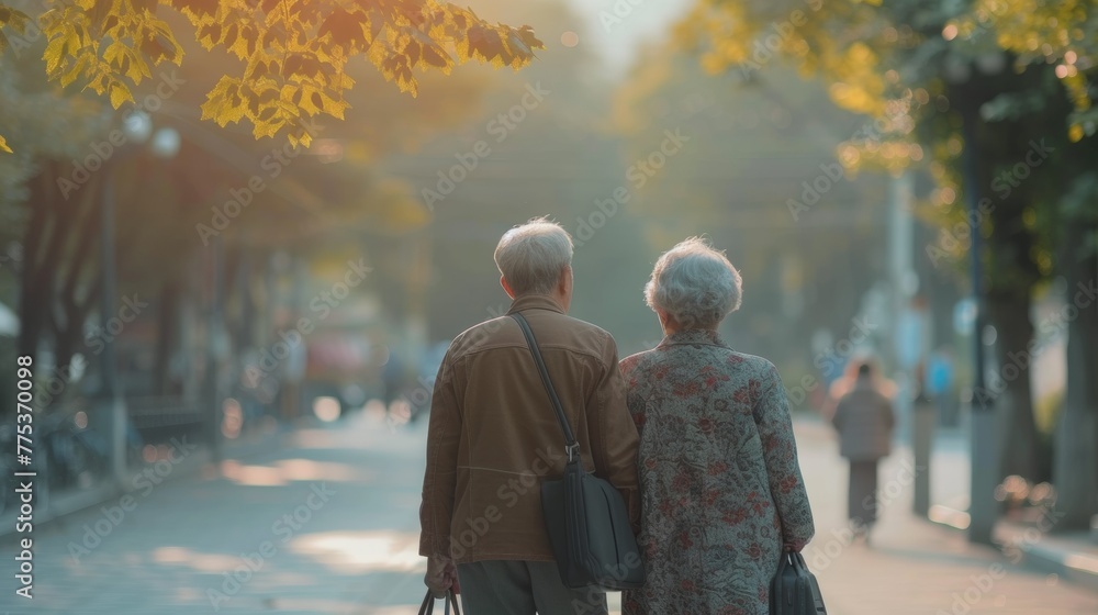 An older couple walking down a street with their bags, AI An older couple walking down a street with their bags, AI