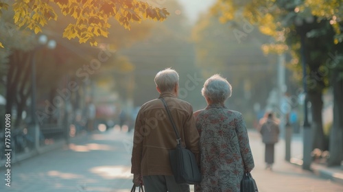 An older couple walking down a street with their bags, AI