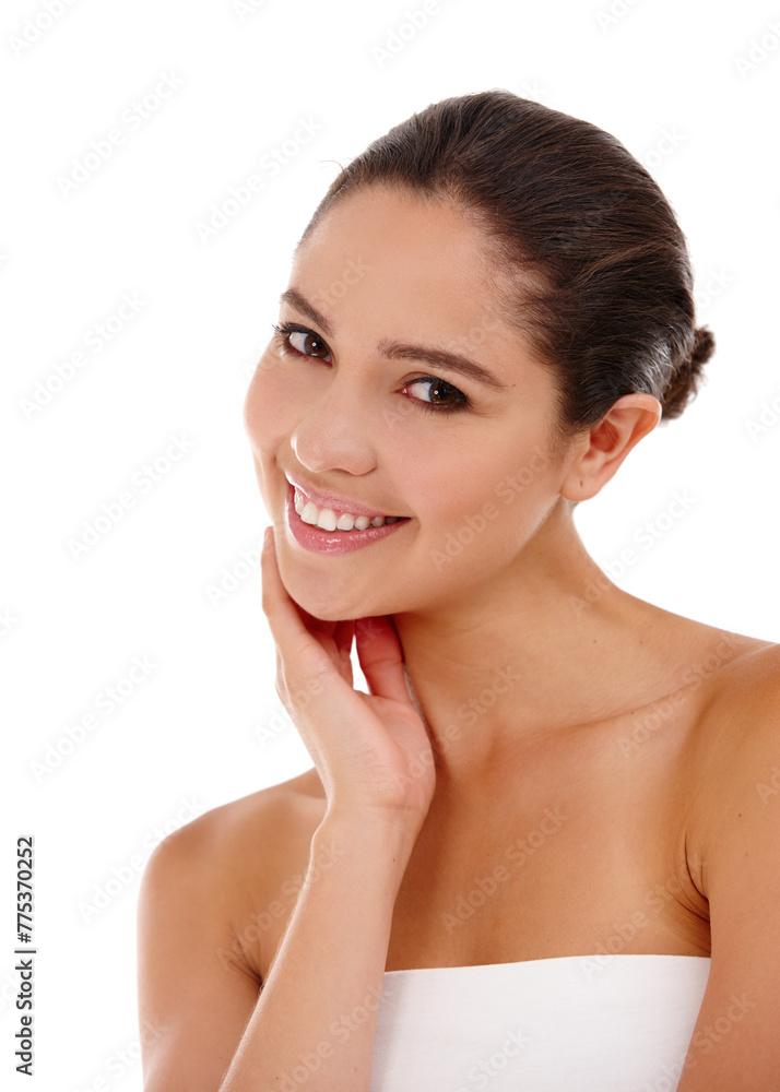 Woman, touch and smooth skin in studio, portrait and skincare for beauty on white background. Happy female person, mockup space and proud of facial treatment, dermatology and confident for cosmetics Woman, touch and smooth skin in studio, portrait and skincare for beauty on white background. Happy female person, mockup space and proud of facial treatment, dermatology and confident for cosmetics