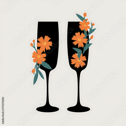 Silhouette two champagne flutes autumnal flowers  fall season  white backdrop