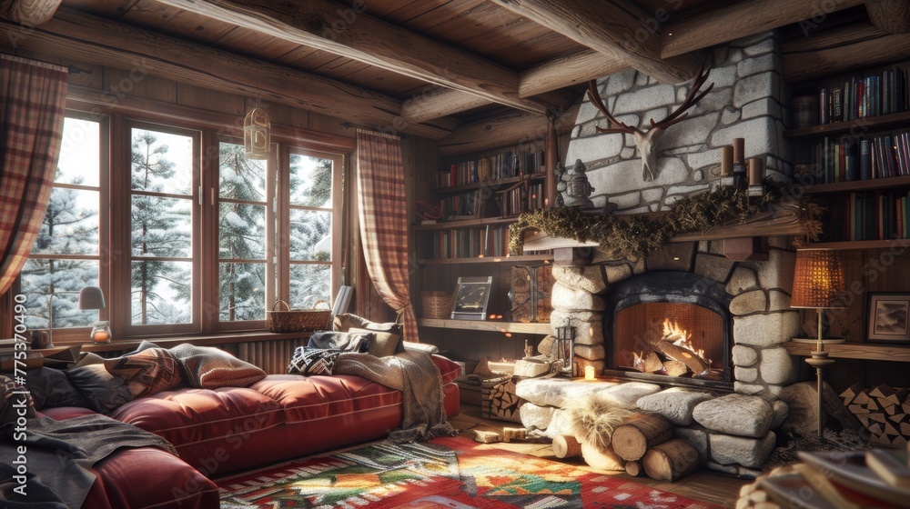 A living room with a fireplace and couch in front of it, AI A living room with a fireplace and couch in front of it, AI