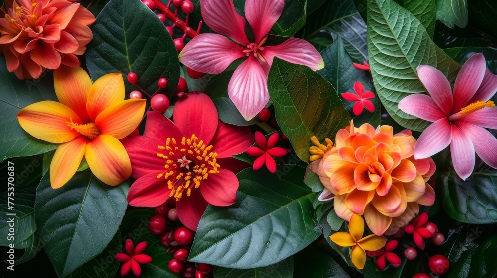 A close up of a bunch of colorful flowers and leaves, AI