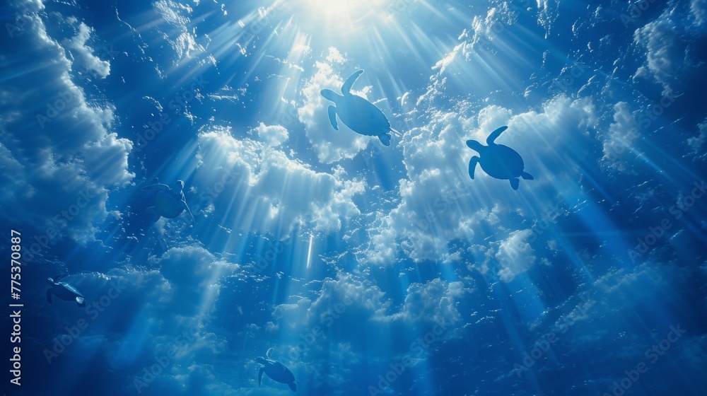 Fototapeta premium A group of turtles swimming in the ocean under a blue sky, AI