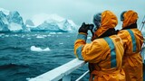 Arctic scientists observing icebergs from a research vessel in polar waters
