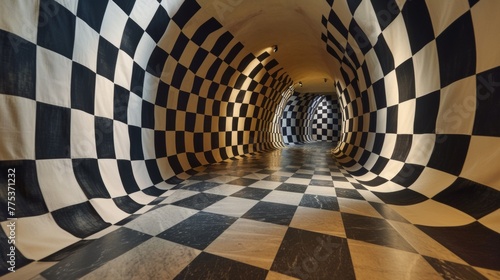 A tunnel with a checkered floor and black walls, AI