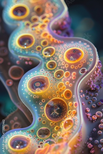 A close up of a colorful object with bubbles and water, AI