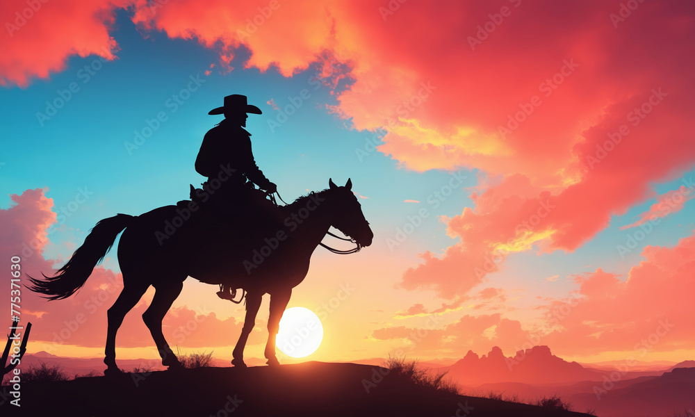 Fototapeta premium Cowboy on horseback at sunset riding through the landscape