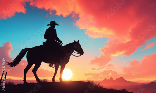 Cowboy on horseback at sunset riding through the landscape