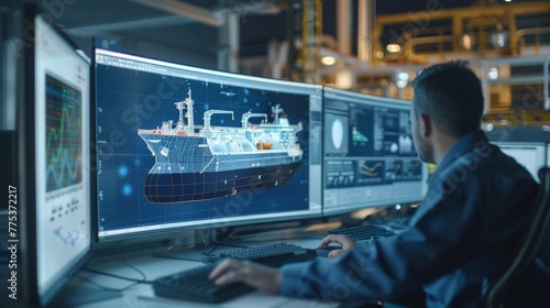 Engineers analyzing digital twin ship simulation on high-tech monitors in a dim workspace photo
