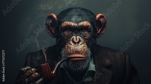 A monkey smoking a pipe and wearing a suit, AI © starush