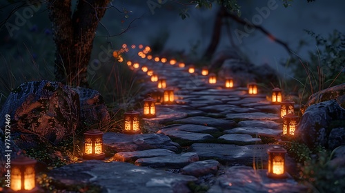 Footstones lined with flickering lanterns at night
